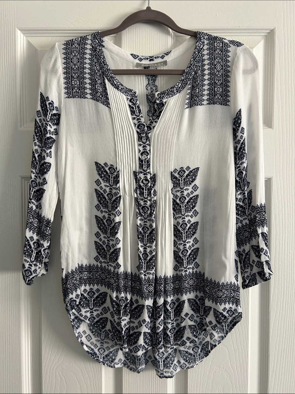 Daniel Rainn White Blouse with Navy Geometric Print